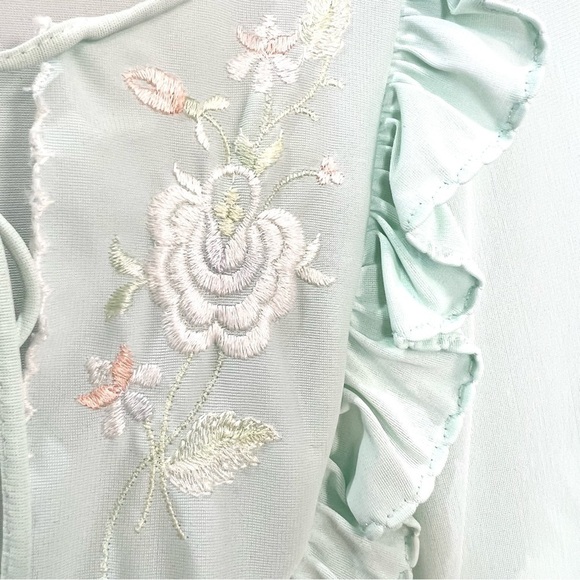 Vintage Mint Green Ruffle Embroidered Button Front Maxi Robe - Picture 8 of 11